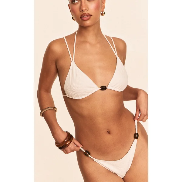 Ivory Ribbed Bead Trim Tanga Bikini Bottoms