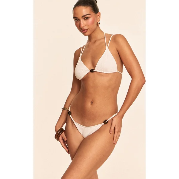 Ivory Ribbed Bead Trim Triangle Bikini Top