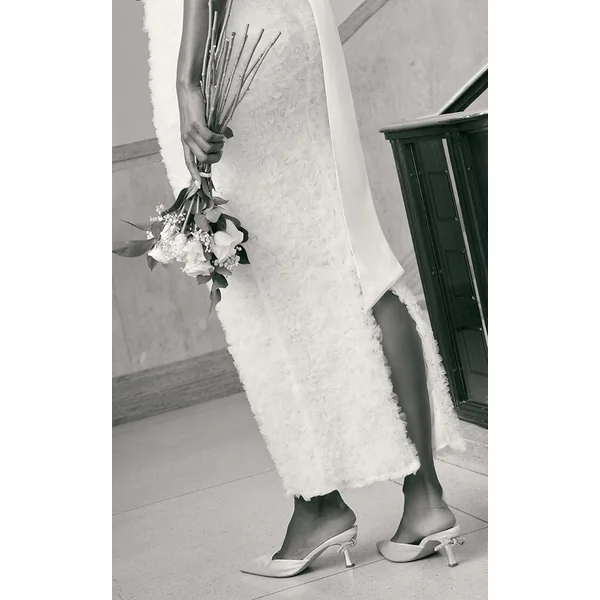 Ivory Satin Point Toe Diamante Bow Low Heeled Mules