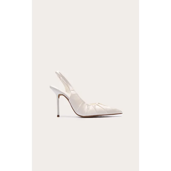 Ivory Satin Point Toe Ruched Sling Back High Stiletto Heeled Courts
