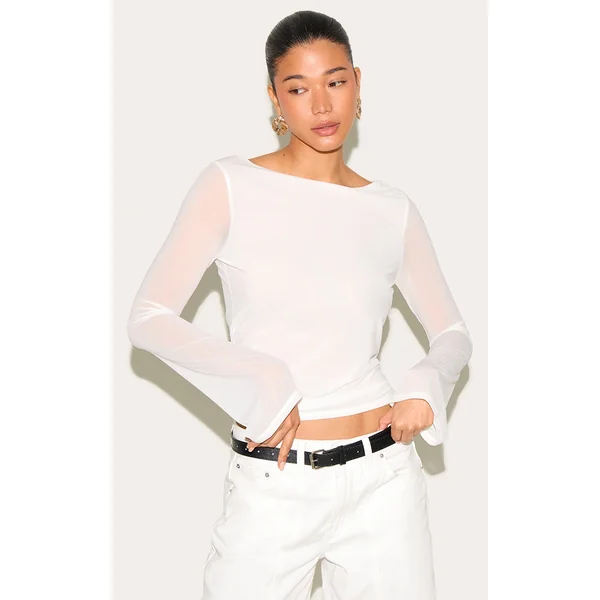 Ivory Stretch Chiffon Loose Fit Flared Long Sleeve Top