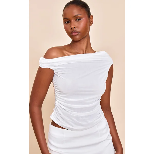 Ivory Stretch Chiffon Ruched Detail Long Top