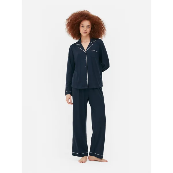 Jersey Knit Long Sleeve Boyfriend Pajama Set - Navy