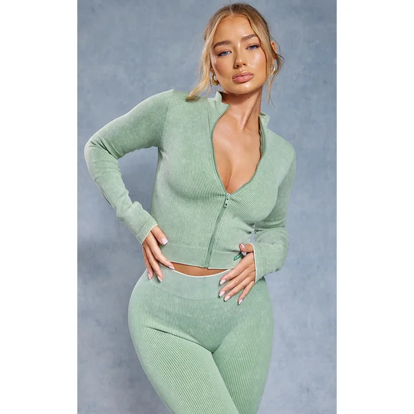 Khaki Acid Wash Seamless Rib Zip Up Cropped Sports Jacket