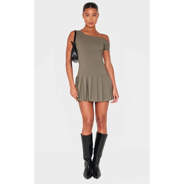 Khaki Asymmetric Bengaline Pleated Shift Dress