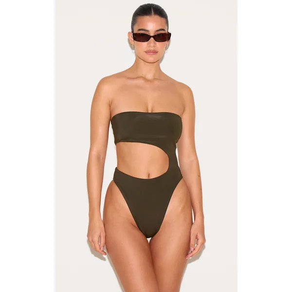 Khaki Bandeau Cut Out High Leg Swimsuit