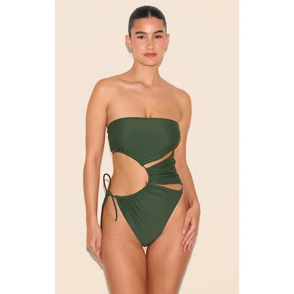 Khaki Bandeau Cut Out Tie Swimsuit
