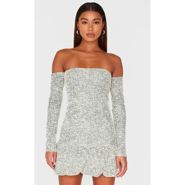 Khaki Bardot Boucle Puffball Mini Dress