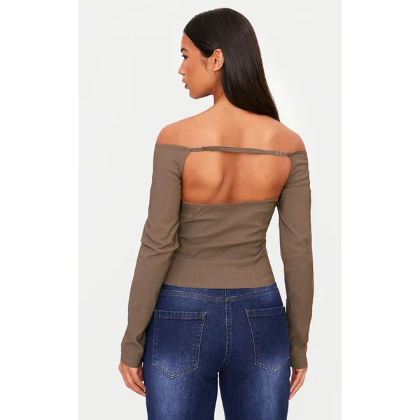 Khaki Bengaline Boatneck Long Sleeve Top