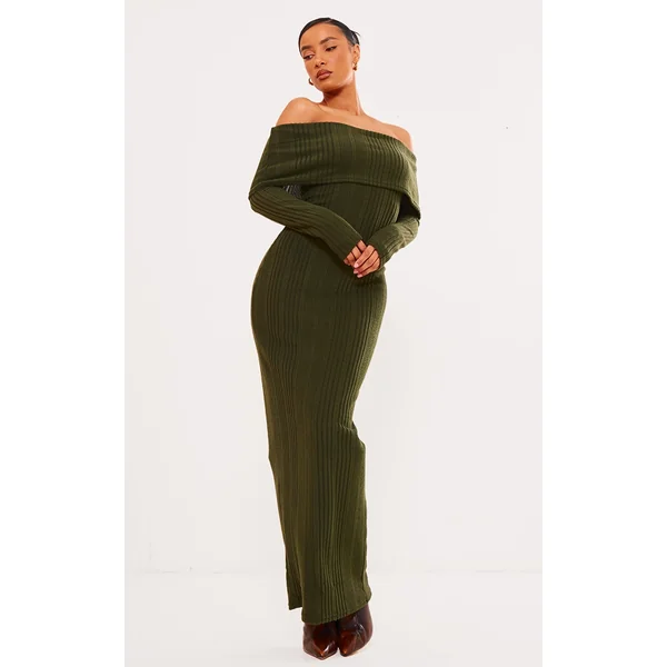 Khaki Brushed Rib Oversized Bardot Maxi Dress