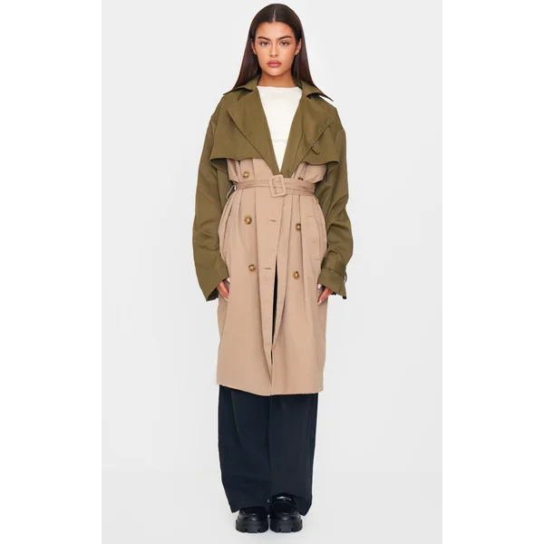 Khaki Contrast Oversized Belted Midi Trench Coat