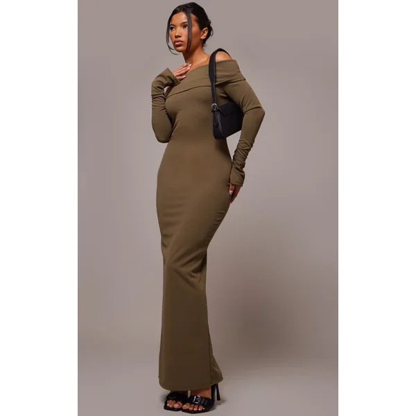 Khaki Crepe Long Sleeve Bardot Maxi Dress
