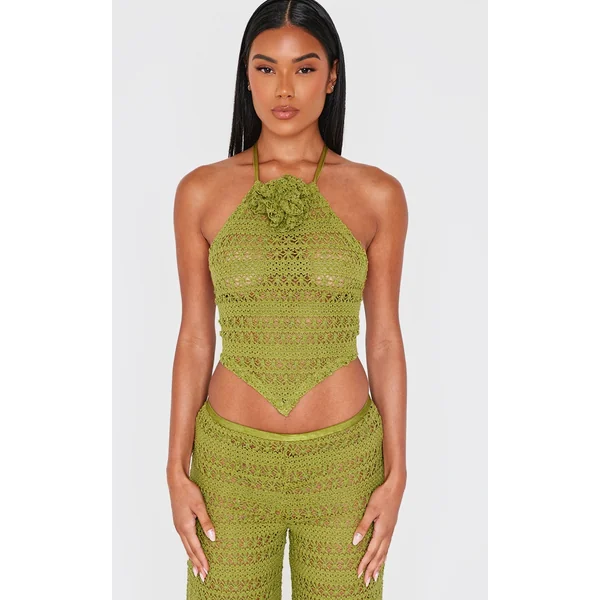 Khaki Crochet Flower Detail Halterneck Beach Top