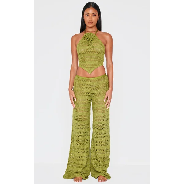 Khaki Crochet Wide Leg Dipped Hem Beach Pants