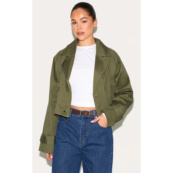 Khaki Cropped Storm Flap Detail Trench Coat