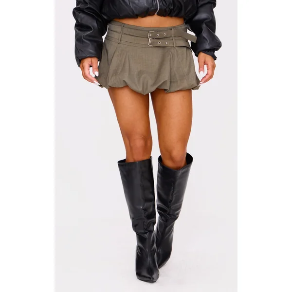 Khaki Double Belt Detail Puffball Mini Skirt