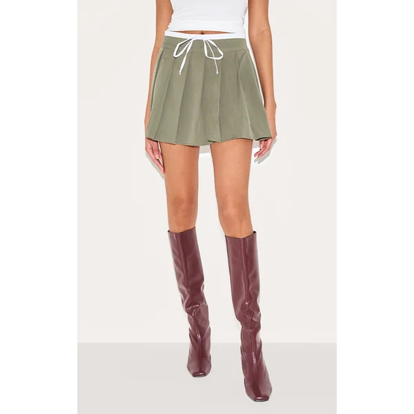Khaki Drawstring Double Waistband Tailored Pleated Mini Skirt