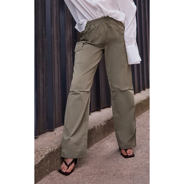 Khaki Elasticated Waist Straight Leg Cargo Pants