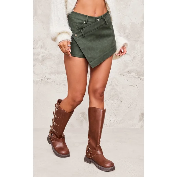 Khaki Faux Leather Wrap Detail Skort