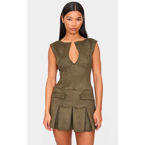 Khaki Faux Suede Pleated Pocket Detail Shift Dress