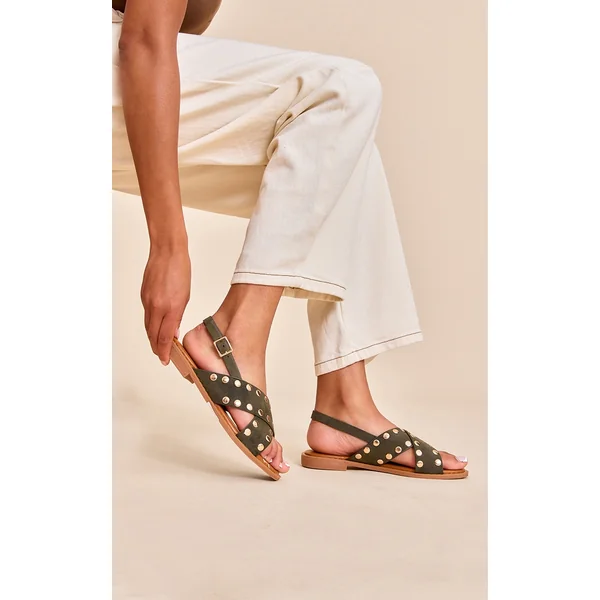 Khaki Faux Suede Studded Sling Back Sandal