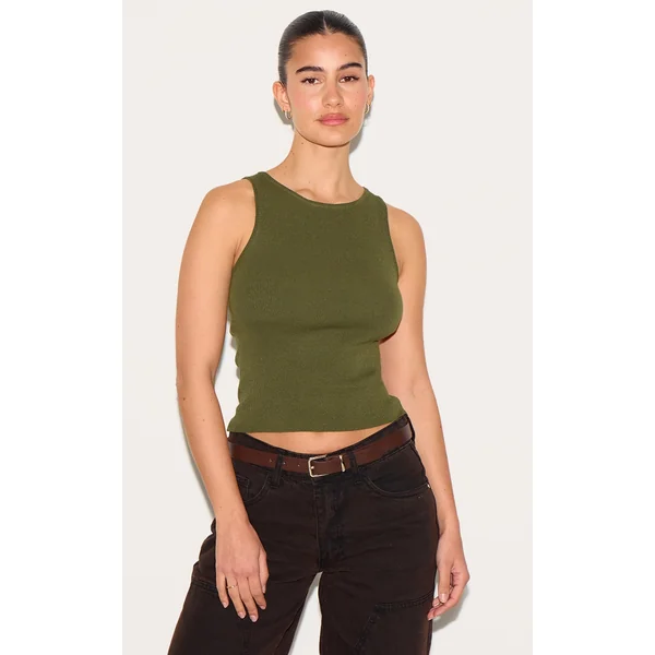 Khaki Fine Knit Racer Neck Top