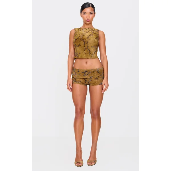 Khaki Floral Print Devore Low Rise Hot Pants