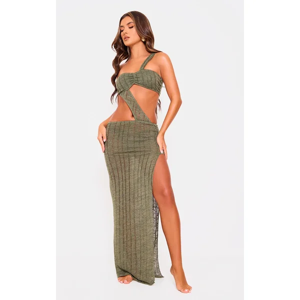 Khaki Gold Trim Bandeau Cut Out Maxi Beach Dress