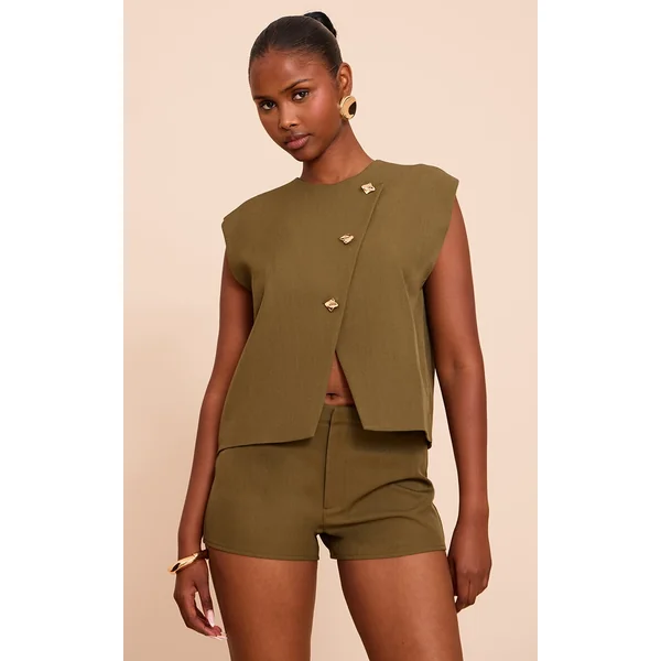 Khaki Gold Trim Oversized Vest