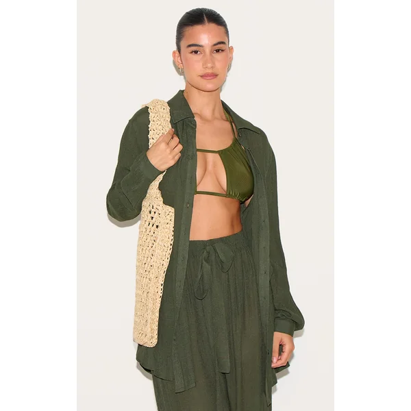 Khaki Green Linen Look Oversized Beach Shirt