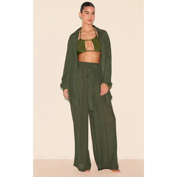 Khaki Green Linen Look Palazzo Beach Pants