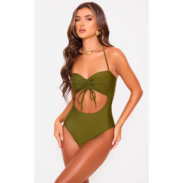 Khaki Halter Neck Cut Out Swimsuit