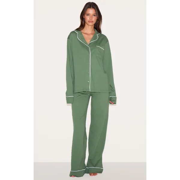 Khaki Jersey Piping Detail Long PJ Set