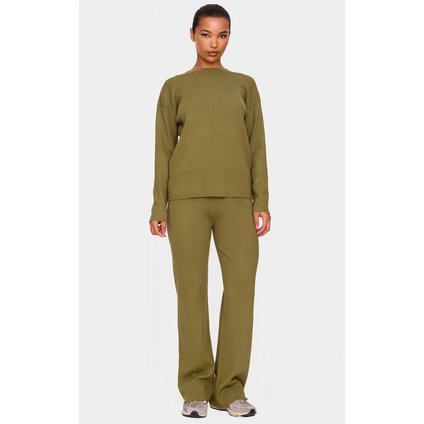 Khaki Light Rib Knit Wide Leg Pants