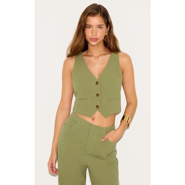 Khaki Linen Look Backless Vest