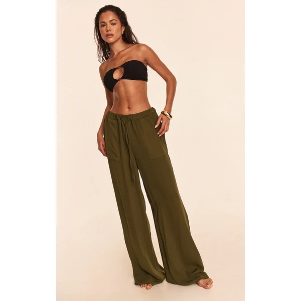 Khaki Linen Look Drawstring Beach Pants