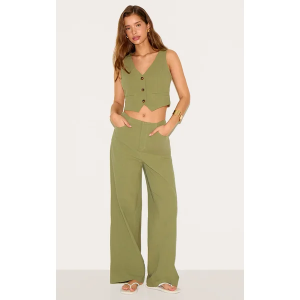 Khaki Linen Look Mid Rise Wide Leg Pant