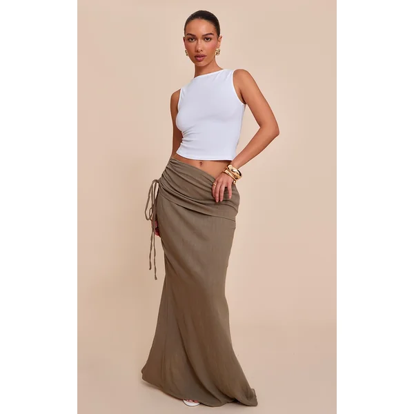 Khaki Linen Look Ruched Waist Maxi Skirt