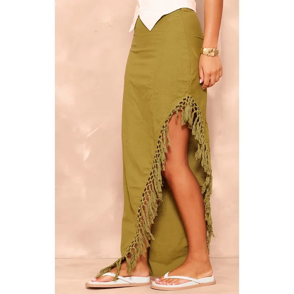 Khaki Linen Look Tassel Hem Thigh Split Maxi Skirt