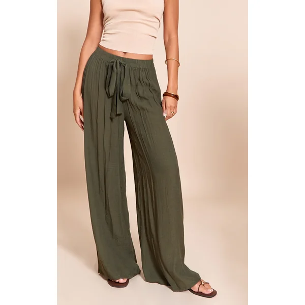 Khaki Linen Look Textured Woven Palazzo Beach Pants