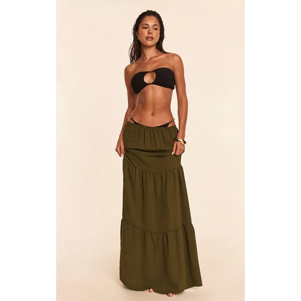 Khaki Linen Look Tiered Maxi Beach Skirt