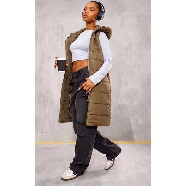 Khaki Longline Puffer Vest