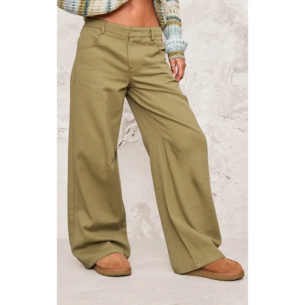 Khaki Low Rise Twill Wide Leg Pants