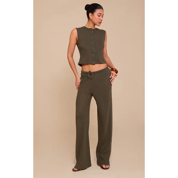 Khaki Mid Rise Textured Wide Leg Pants