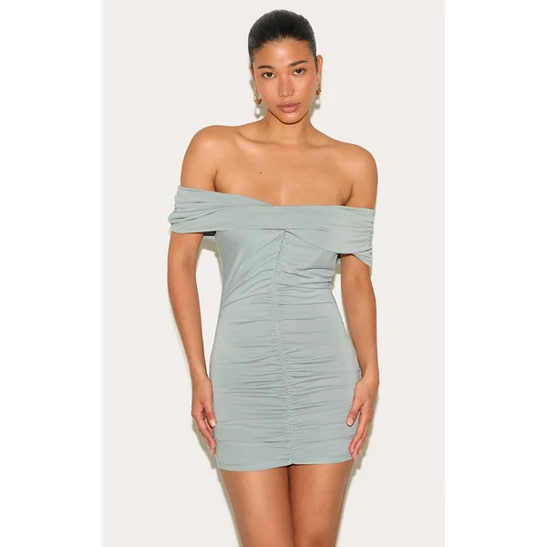 Khaki Modal Ruched Drape Bardot Mini Dress