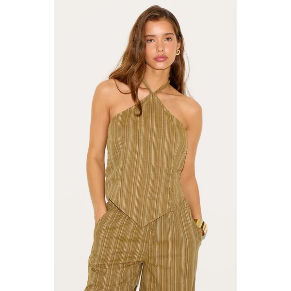 Khaki Pinstripe Halter Neck Pointed Hem Top