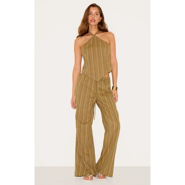 Khaki Pinstripe Tie Waist Cotton Pants