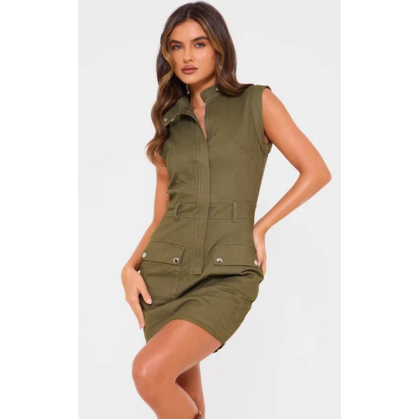 Khaki Premium Cargo Twill Pocket Detail Bodycon Dress