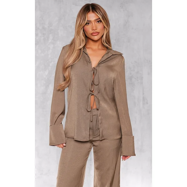 Khaki Premium Tie Front Long Sleeve Shirt