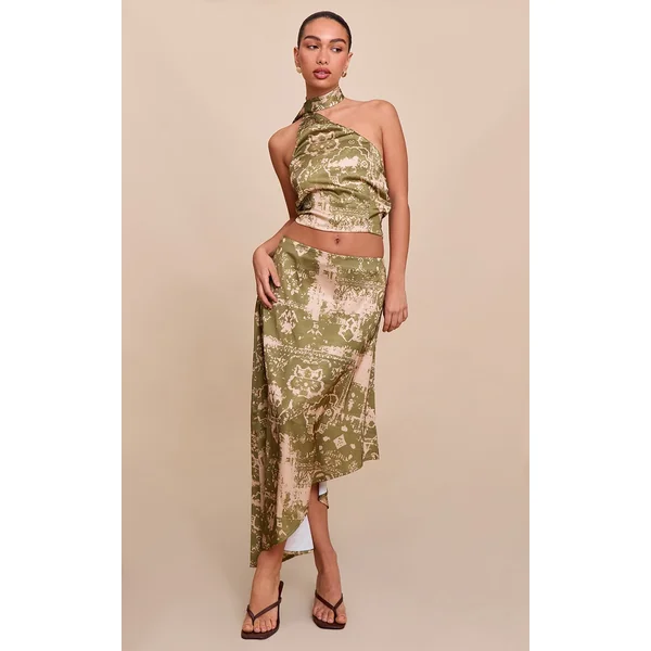 Khaki Printed Satin Asymmetric Midi Skirt